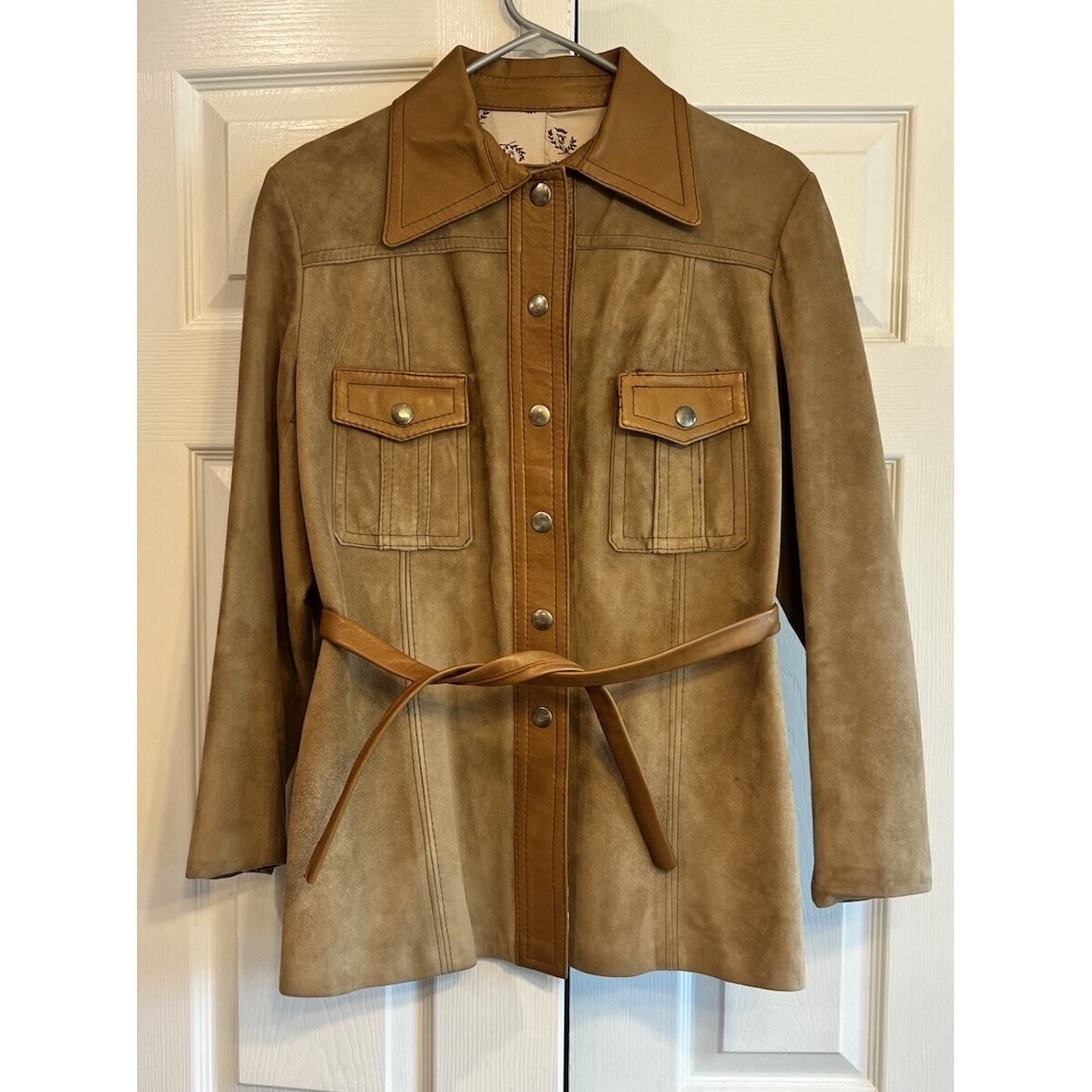 Vintage Brown Suede Jacket Women's Snap Down Front Belted Read Description